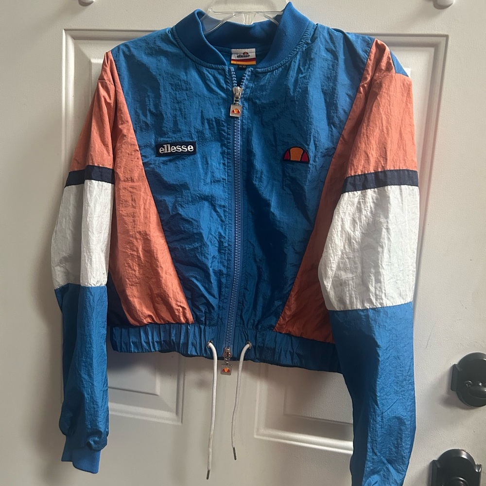 Y2K Ellesse color block Blue and Orange crop Nylon Jacket with Logo Sz 8